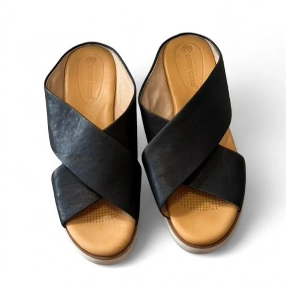Corso Como Bruna‎ Black Leather Criss Strap Platform Wedge Sandals, Women's 8.5